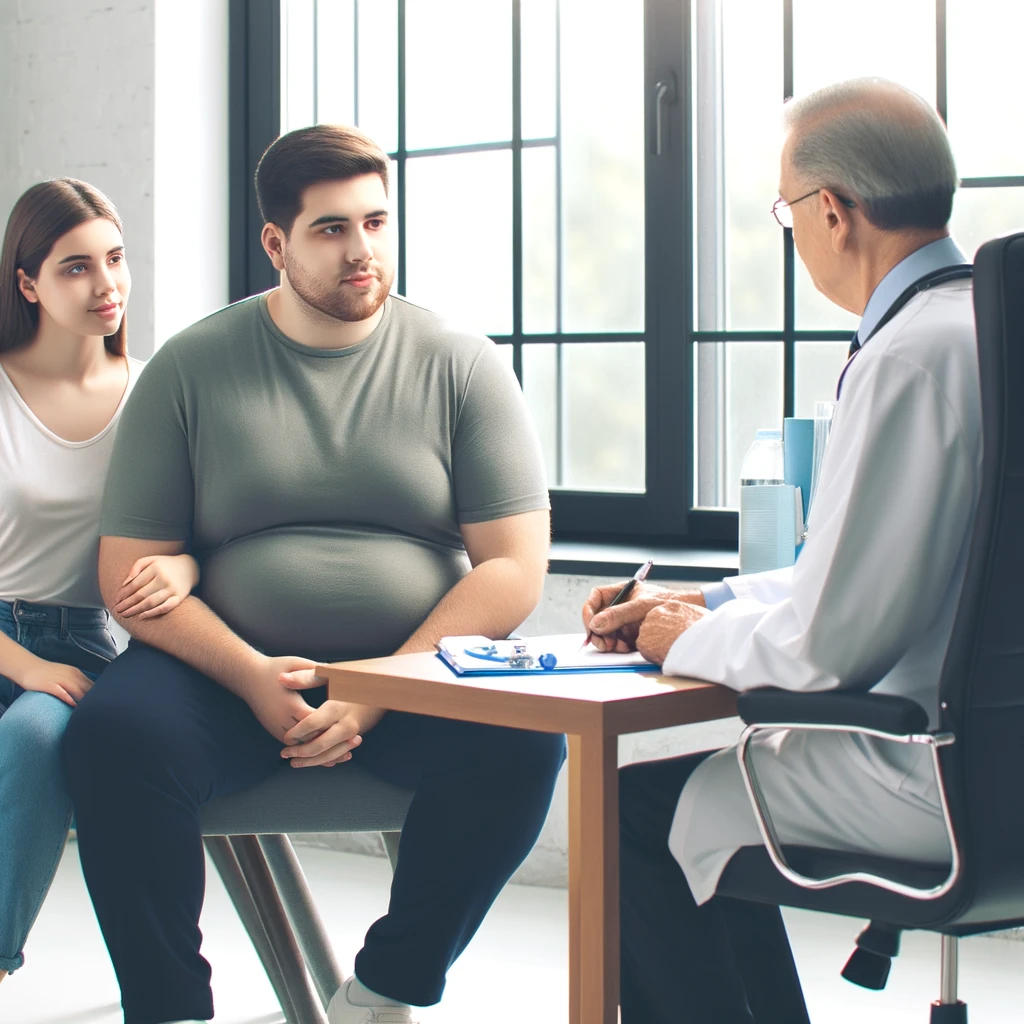 A couple, where the husband is slightly overweight, sitting in a doctor's office