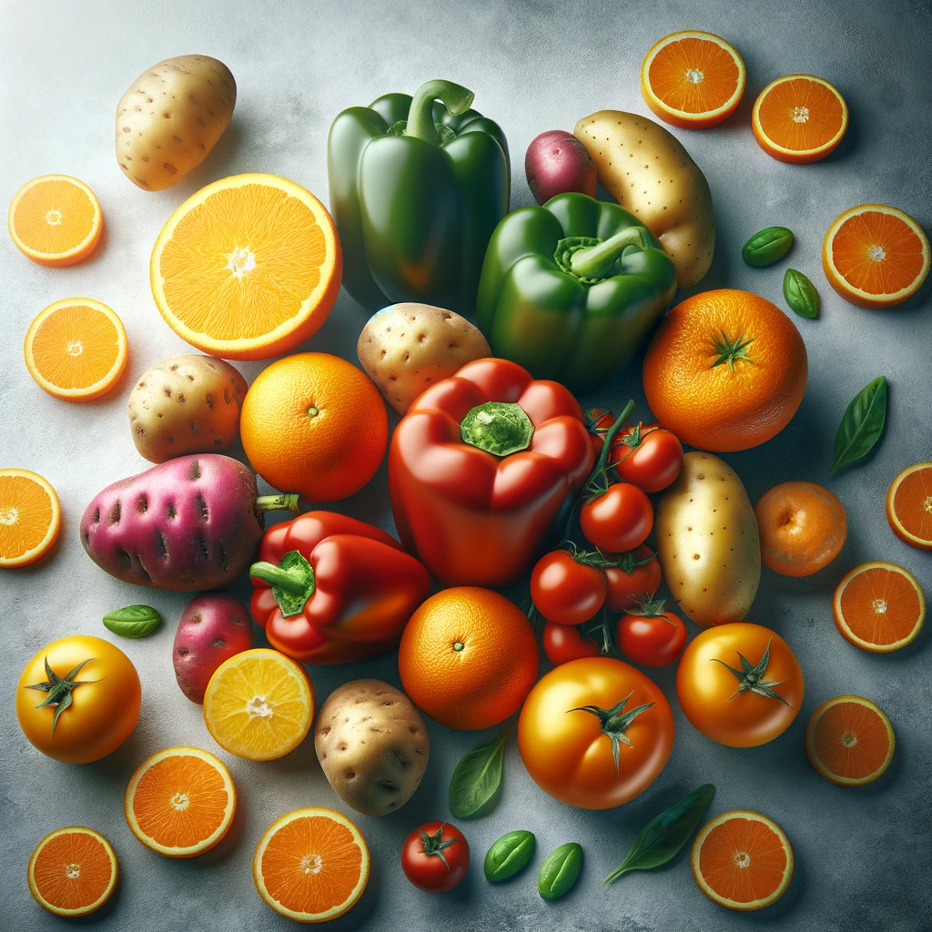 Foods rich in Vitamin C, such as oranges, bell peppers, potatoes, and tomatoes.